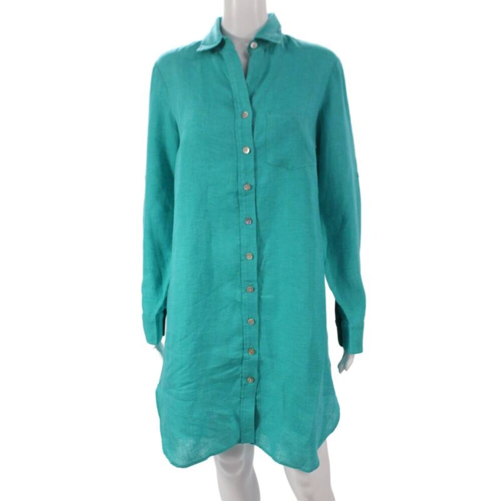 Finley Women Tunic Button-Up Linen Collared Long Sleeve Green Dress Size XS